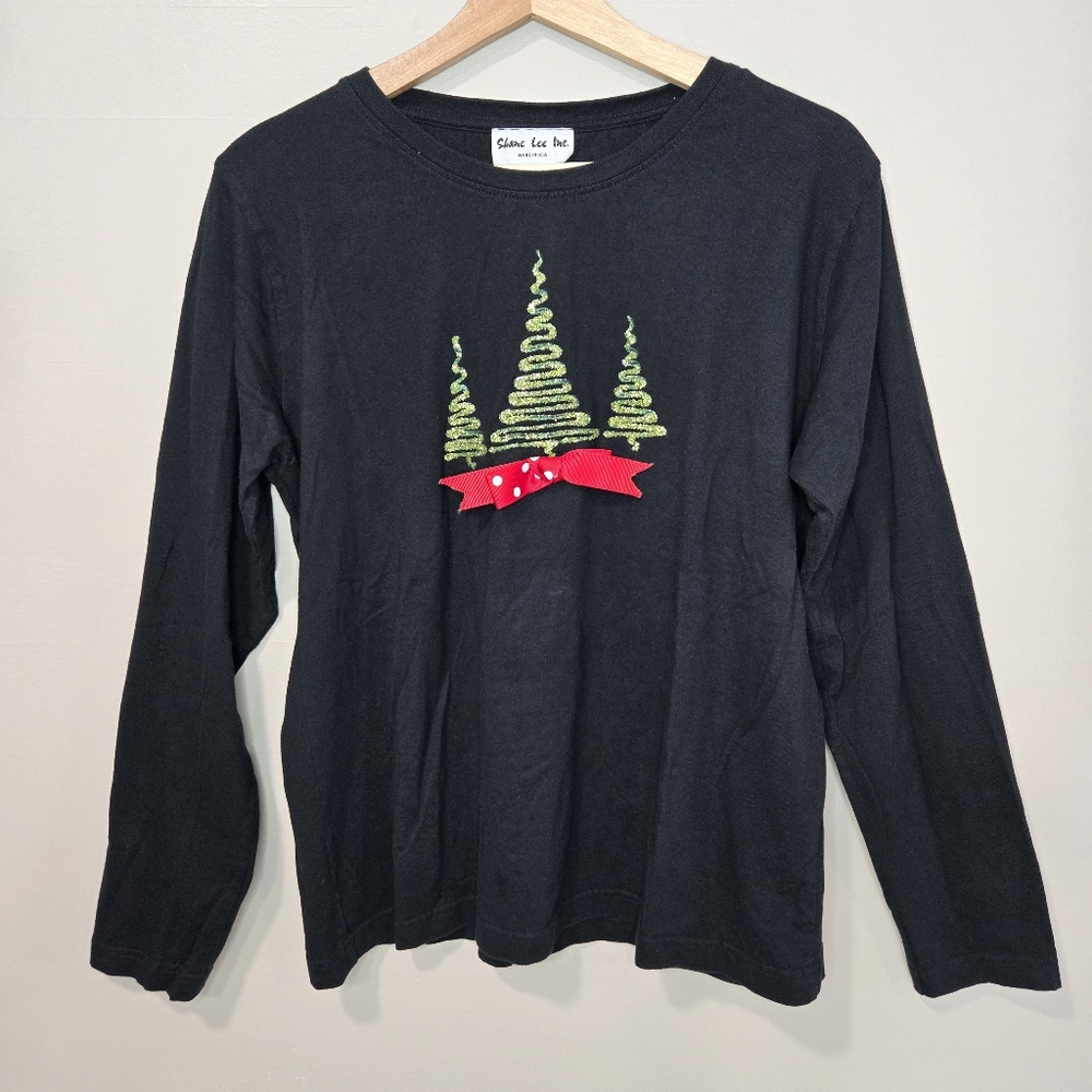 Black Long Sleeve Top with Festive Tree Design